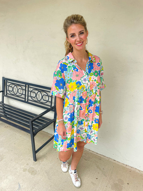 Peach blue floral button down dress