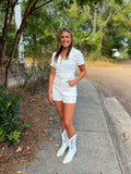 Zip Front Belted Denim Romper