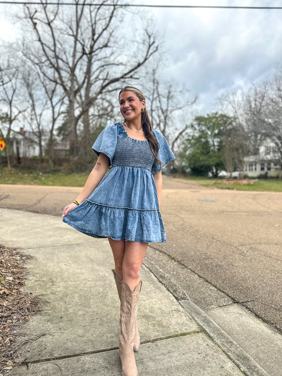 Smocked Light Wash Denim Dress