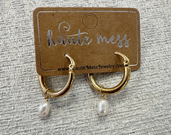 Gold Pearl Drop Hoop