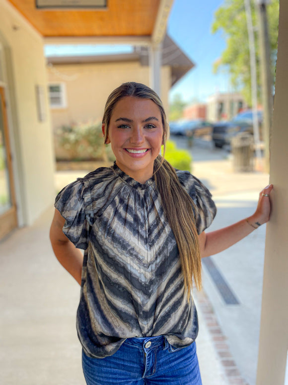 Slate Printed Ruffle Blouse
