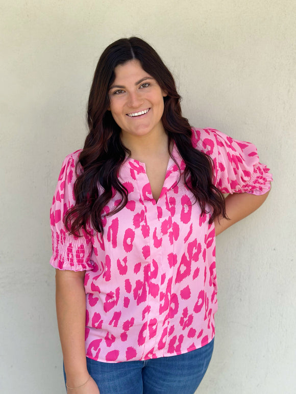 Hot Pink Leopard V Neck Top
