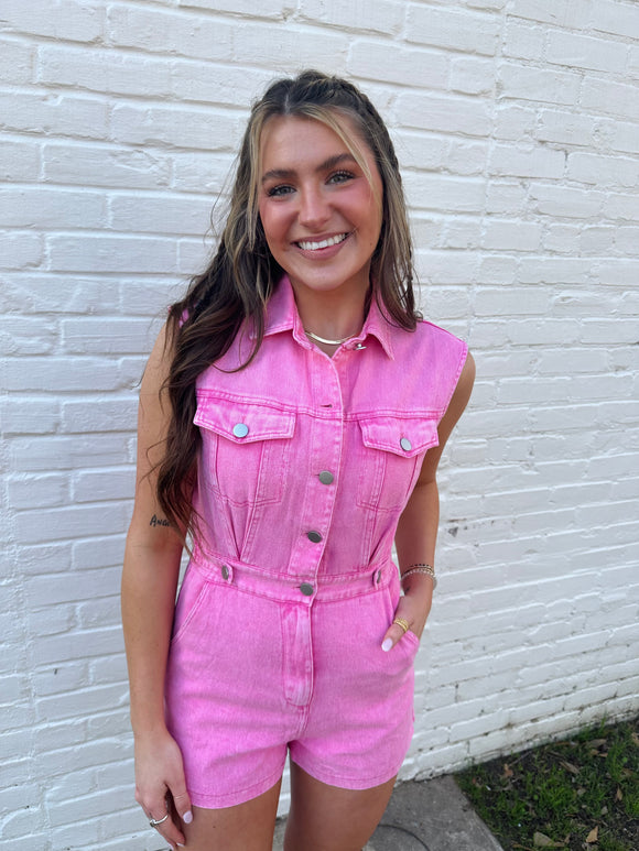 Pink Sleeveless Denim Romper