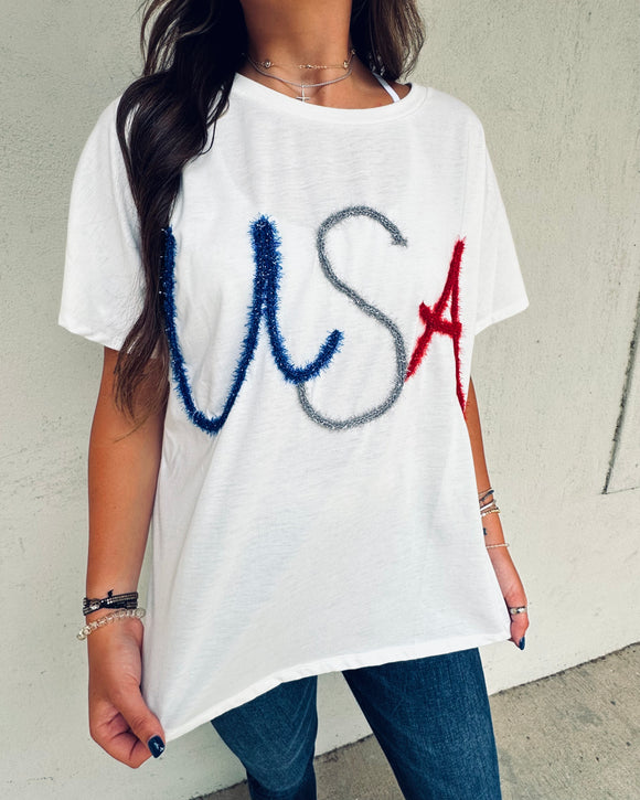 USA Metallic Letter Top