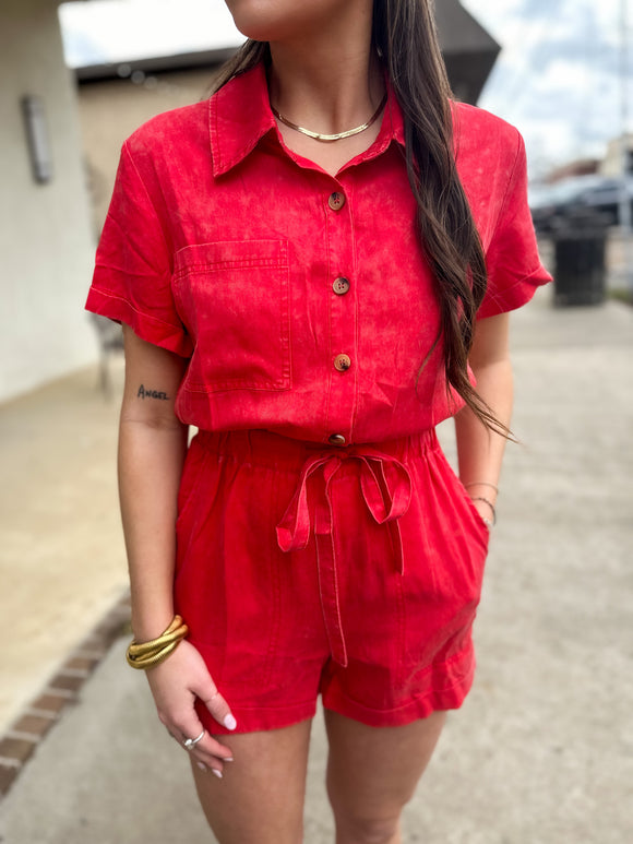 Washed Red Button Down Romper