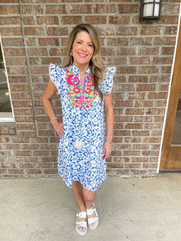 Embroidered Tassel Tie Dress