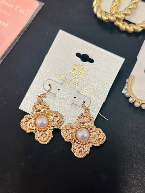 Pyxie Cross and Pearl Earrings Gold