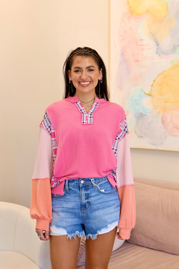 Plaid Patchwork Color-Block Top
