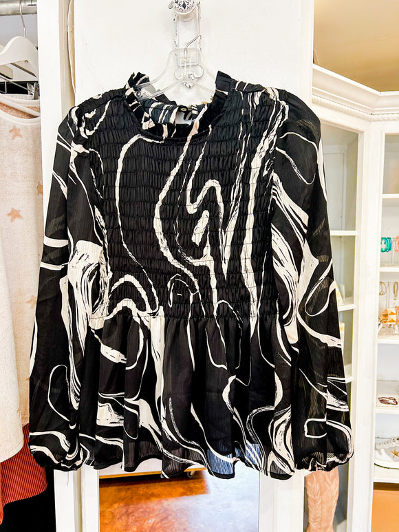Black & Cream Swirl High Neck Top