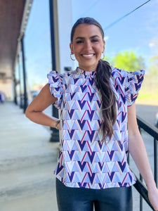 Geo Print Ruffle Sleeve Blouse